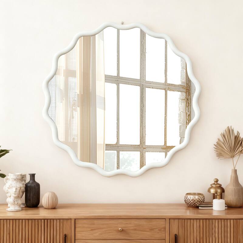 GDFStudio - Primeva Organic Wavy Round Solid Wood Decorative Wall Mirror with Sculptural Frame Design - White - 30" x 30"