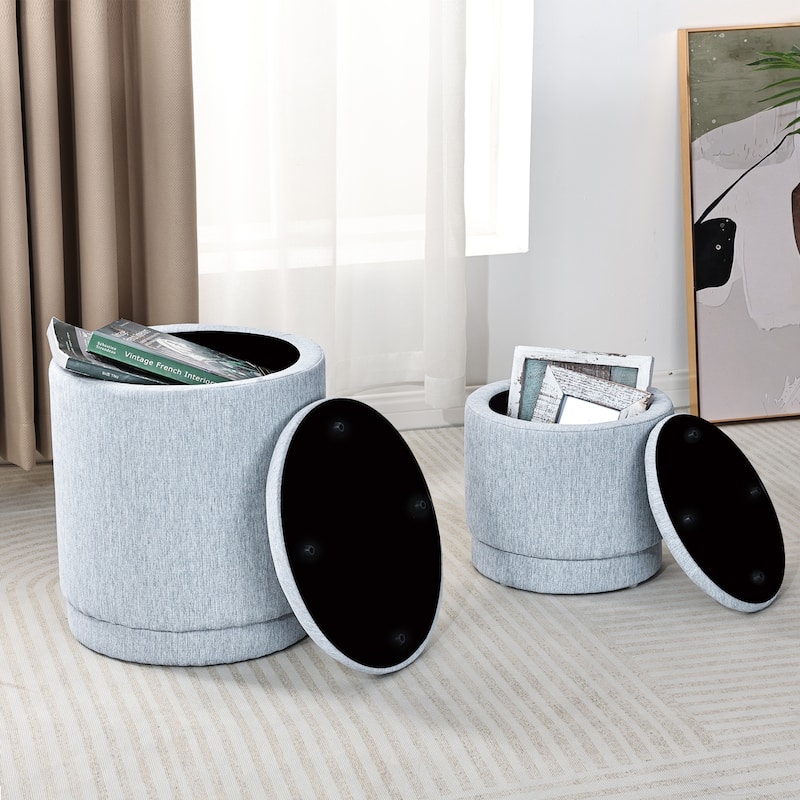 Adeco 2-Piece Round Fabric Storage Ottoman Set with Removable Lids