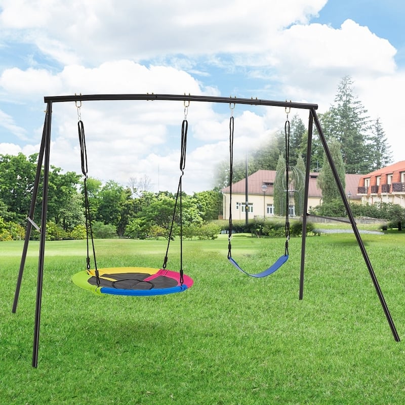 Sturdy Kids Swing Set for Backyard - 440lbs Capacity, Includes Saucer Swing & Belt Swing - 118.1×98.4×102.4 (inches) - Green