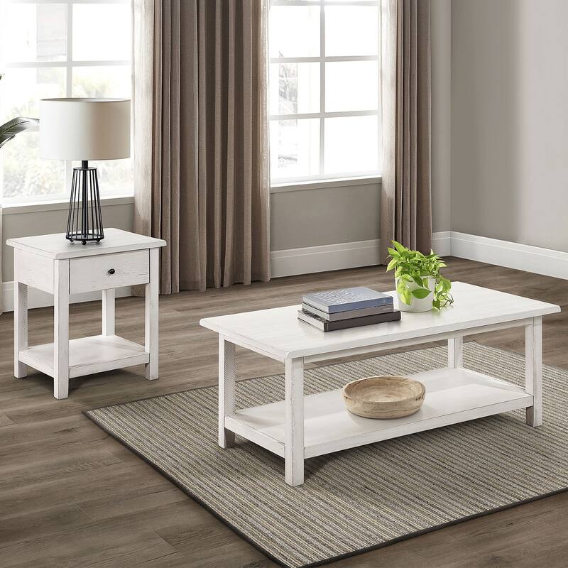 2 Piece Wooden Table Set with Storage in Distressed White - 2 Piece