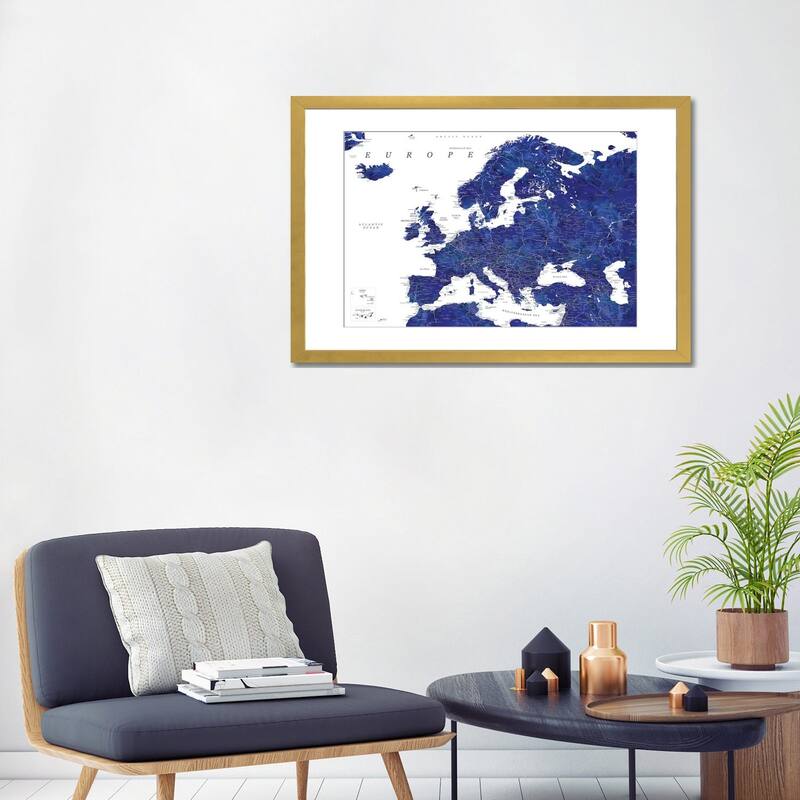 iCanvas "Detailed Europe Map In Navy Blue" by blursbyai
