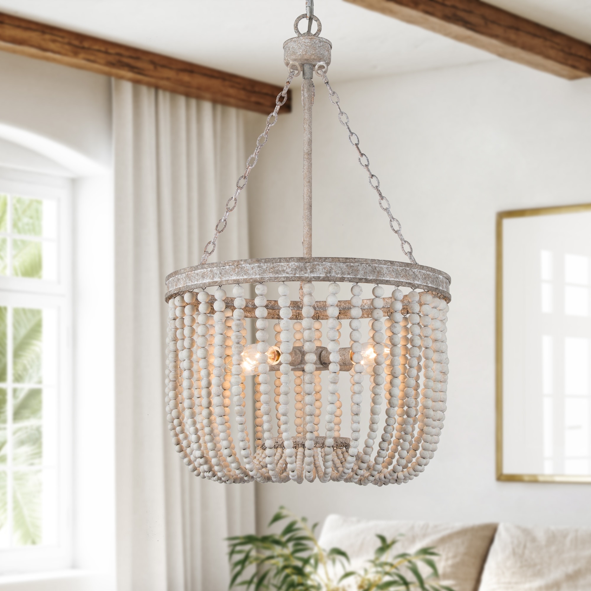 Modern Wood Beaded Chandelier Handmade LED Drum Basket Ceiling Light 4-light Dining Room Lights - Grey - D15.5" X H87"