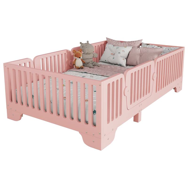Montessori Floor Bed with Detachable Door, No Box Spring Needed, Kids Platform Bed with Slats and Fence