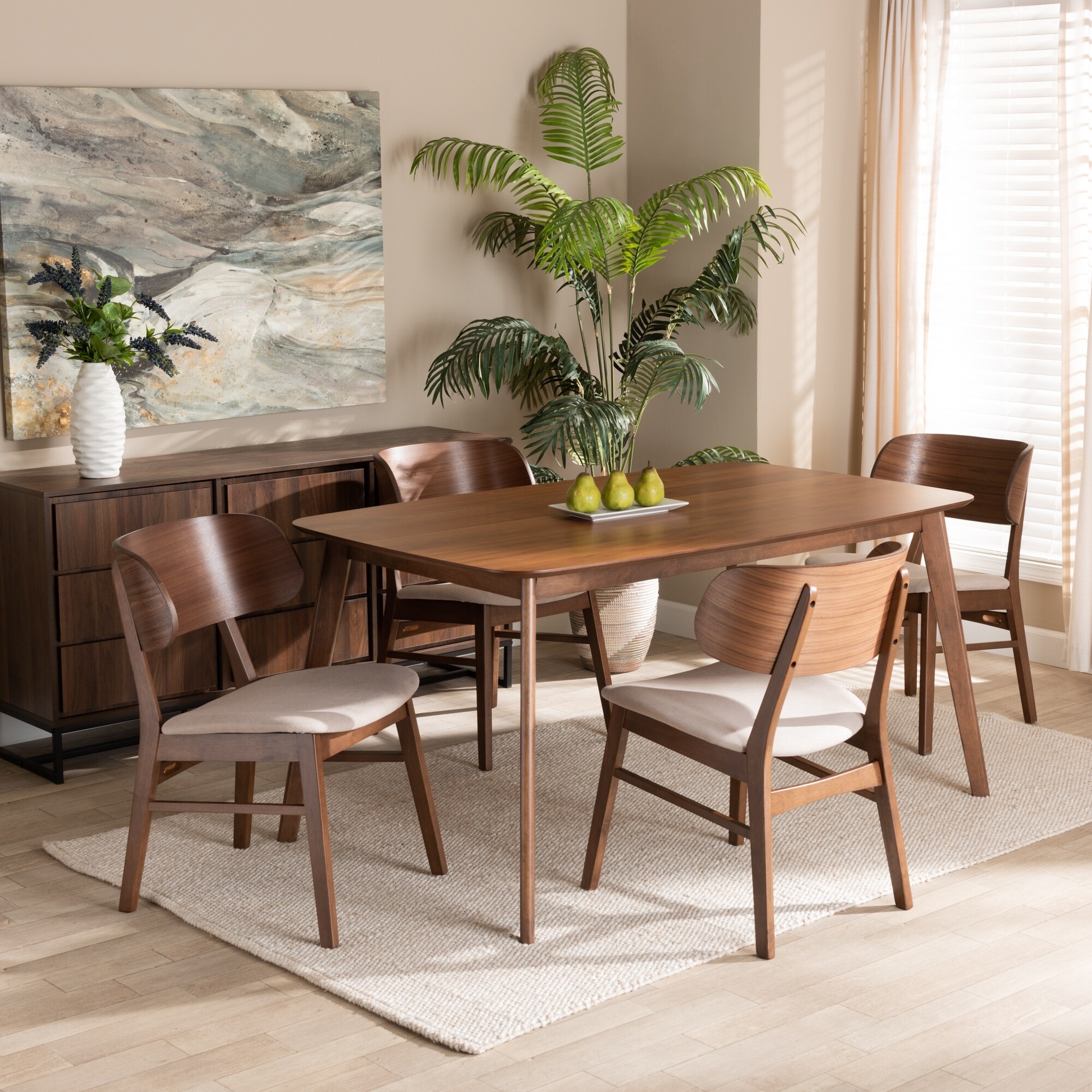 Alston Mid Century Modern Fabric and Wood Dining Set 5pcs Bed