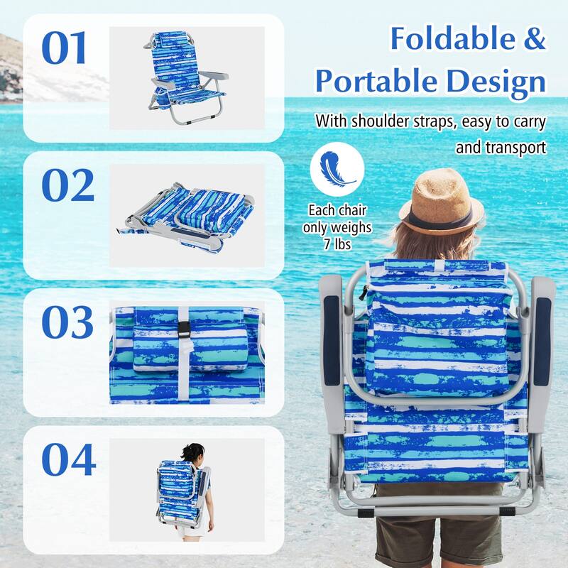 Oxford Fabric Folding Beach Chair with Adjustable Backrest, Headrest and Storage - 26" L x 25.5" W x 31" H