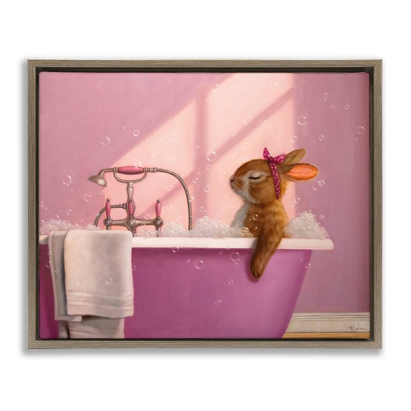 Stupell Bunny in Pink Relaxing Bath Framed Floater Canvas Wall Art Design By Lucia Heffernan - 21 x 17 - Brown
