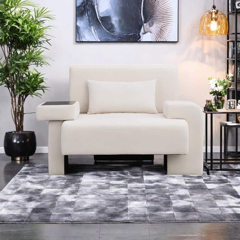Polyester Oversized Armchair with Storage Asymmetrical Armrest and Modern Mid-Century Chair, 225lb Capacity - Beige