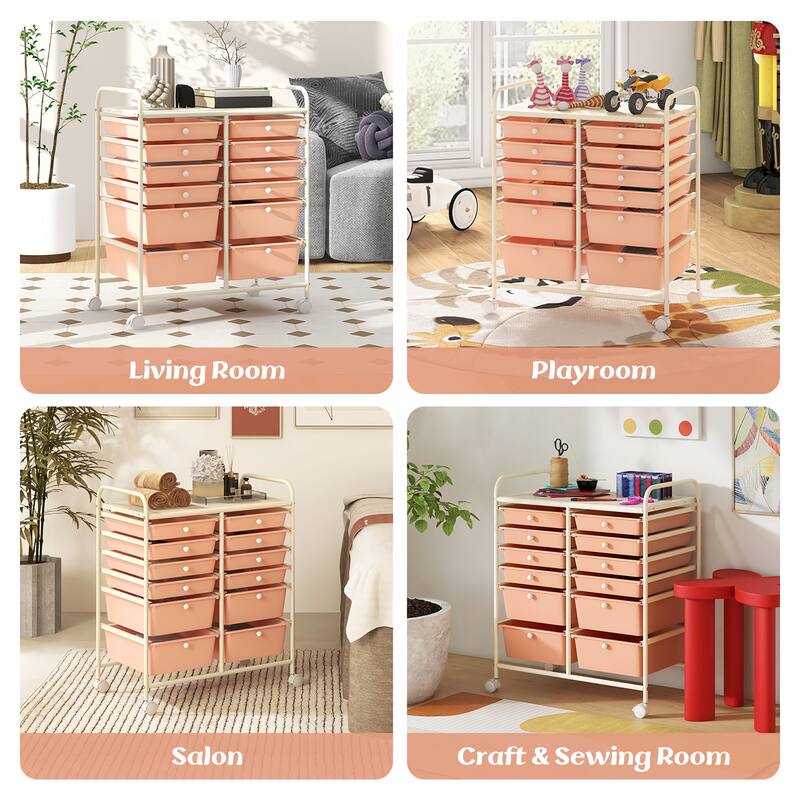 Gymax 12-Drawer Rolling Storage Cart w/ 2 Sizes Plastic Drawers Skin