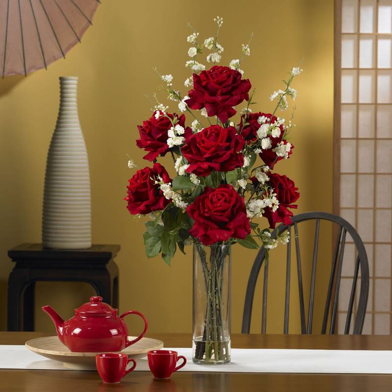 Silk Rose Flower Arrangement - Red and White Blooms in Vase - Home Decor Centerpiece - 29" Tall - 29