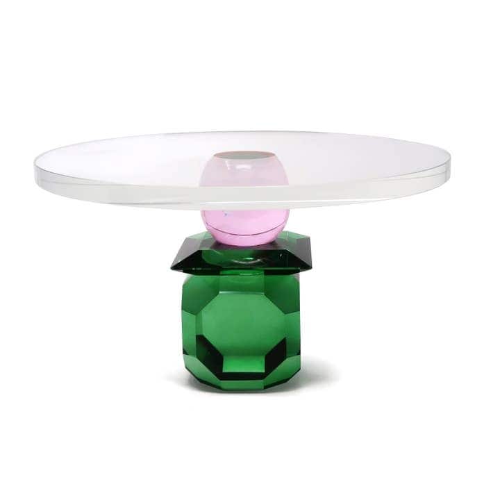 Glass Cake Plate with Diamond Green and Pink Base