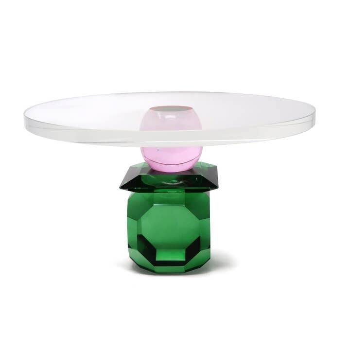 Glass Cake Plate with Diamond Green and Pink Base - Green/Pink