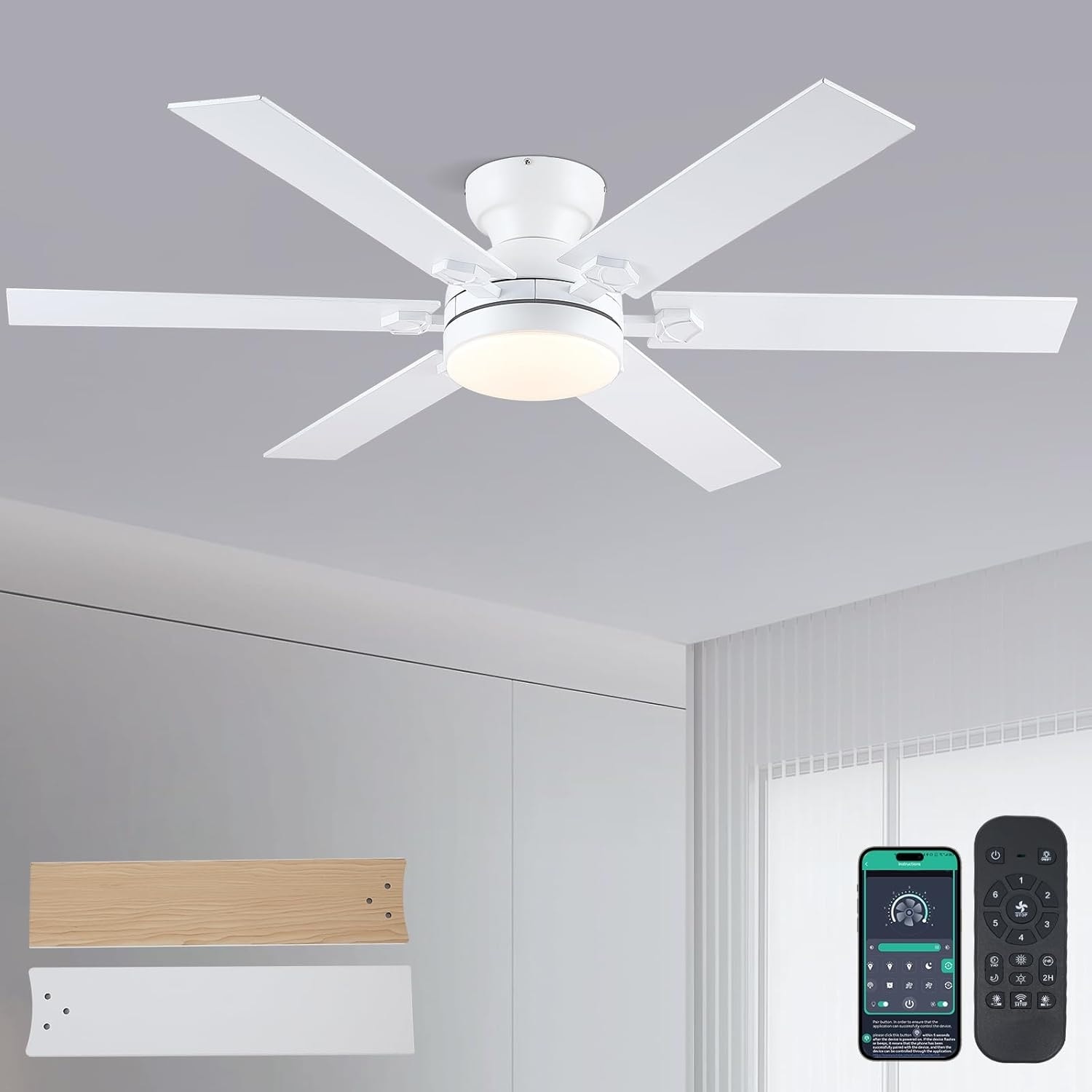 46 inches White Flush Mount Ceiling Fan with Light,6 Dual Side Blades