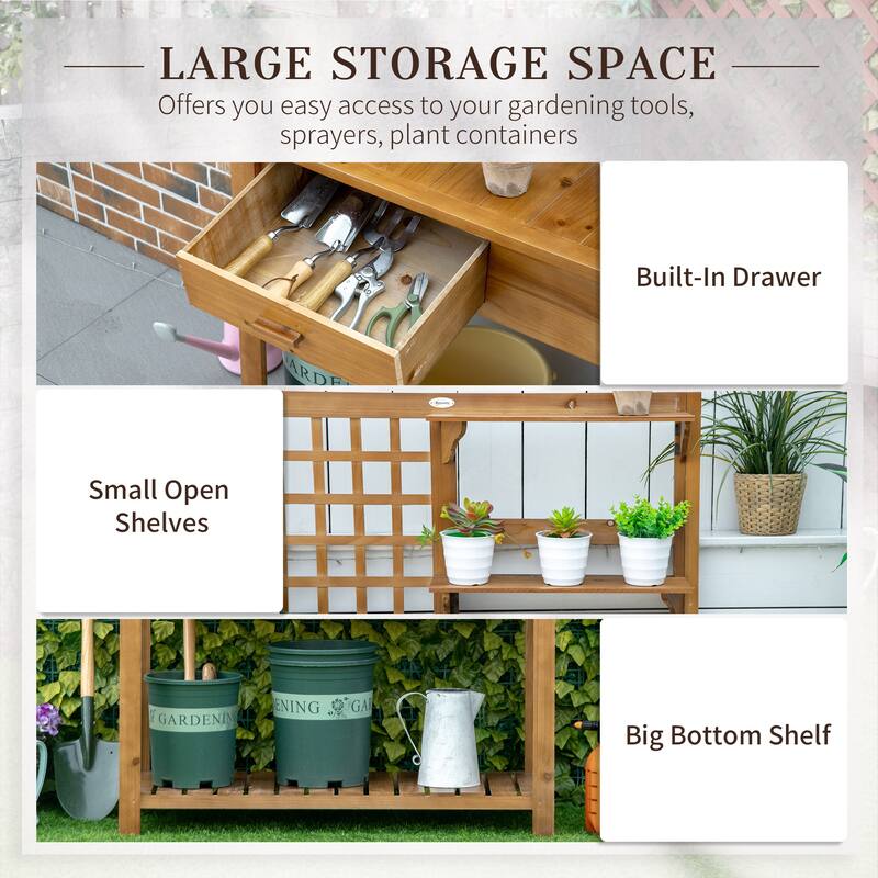 Wood Outdoor Potting Table with Trellis Panel and Multi-Storage Drawer, Waterproof Garden Workbench Table