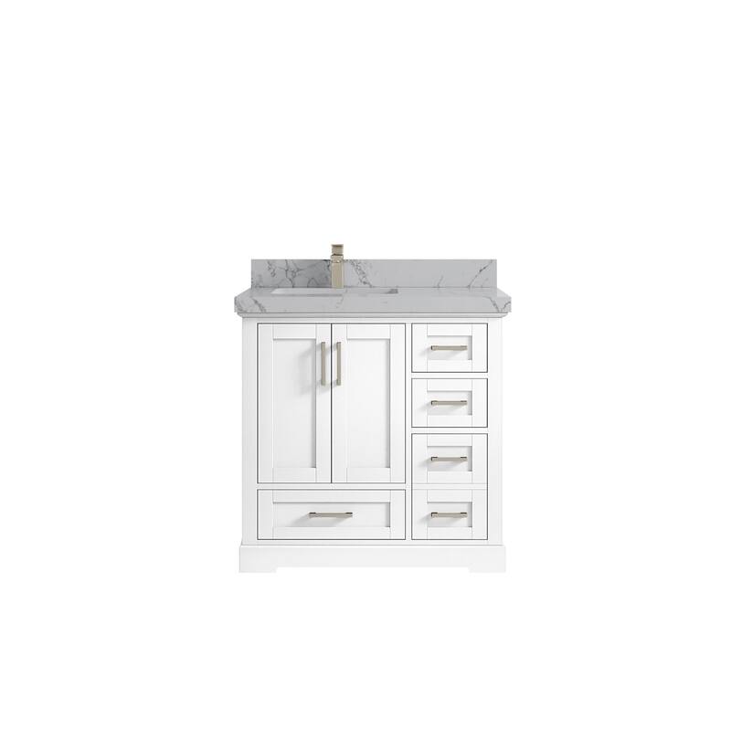 Willow Collections 36 x 22 Boston Left Offset Sink Bathroom Vanity with Quartz or Marble Countertop - 2"Venatino Quartz - White