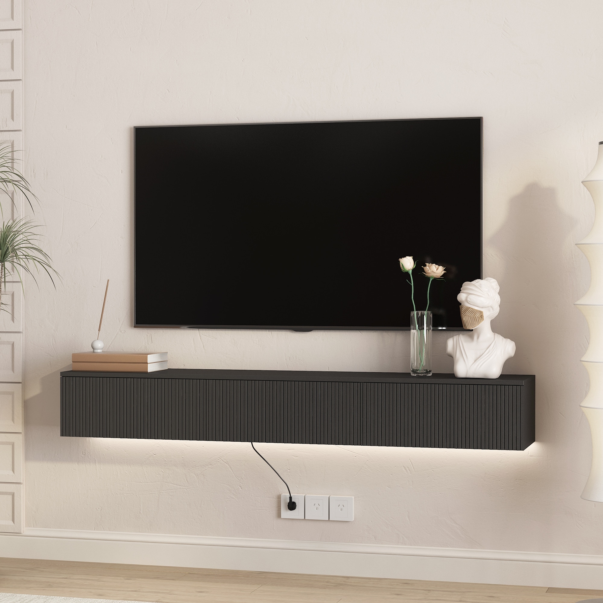 65" Floating TV Stand Wall Mounted with 16 Color LEDs, Modern Fluted TV Stand Entertainment Center for TVs Up to 65"