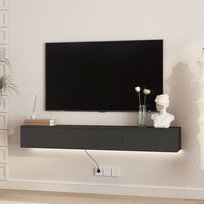 65" Floating TV Stand Wall Mounted with 16 Color LEDs, Modern Fluted TV Stand Entertainment Center for TVs Up to 65" - Black