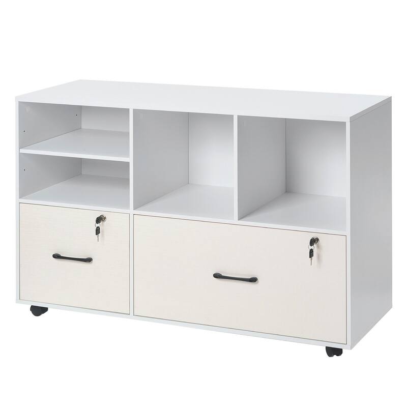 White Particle Board Mobile File Cabinet with 2 Lockable Drawers 4 Shelves and Casters