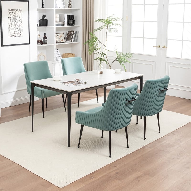 SEYNAR Modern Glam Velvet Black Metal Legs Dining Chair or Vanity Chair Set of 4 with Rear Handle