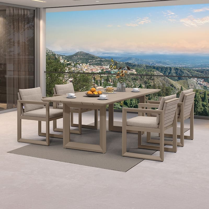 PURPLE LEAF Caesar Outdoor Dining Set Aluminum Luxury Patio Furniture with Olifen Removable Thick Cushion and Pillow-Khaki - N/A - 5-Piece（220）