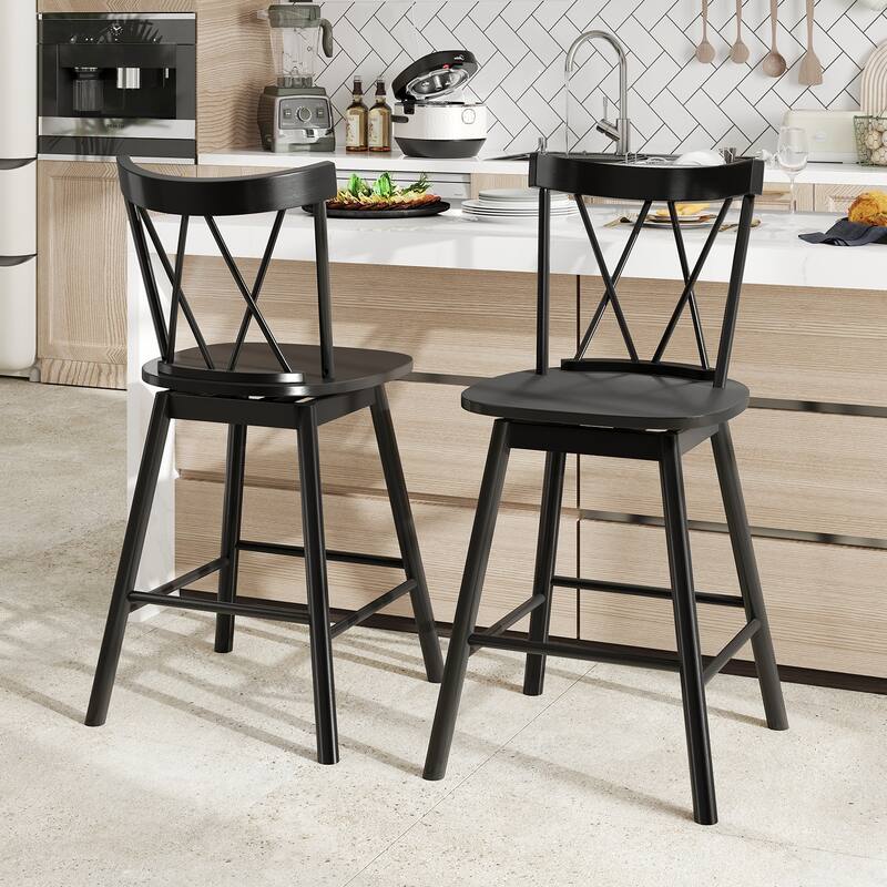Set of 2 Black Rubber Wood Swivel Bar Chairs with Footrest and Curved Back