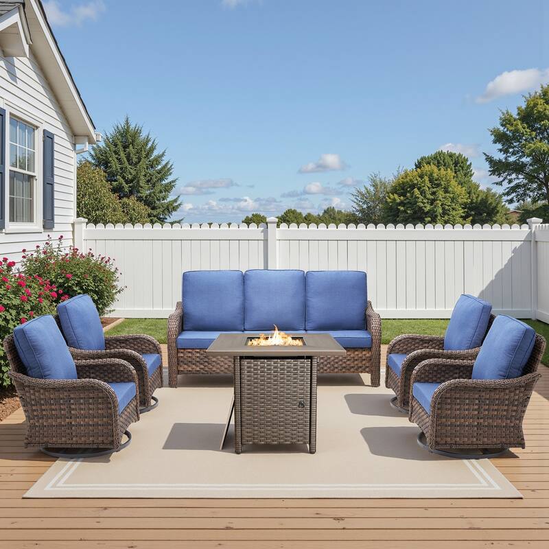 Pocassy Patio Funiture Sofa Swivel Chair Ottoman with Fire Table Set - Blue Cushion - Brown Wicker - 6-Piece Sofa Swivel Chair with Fire Pit Table