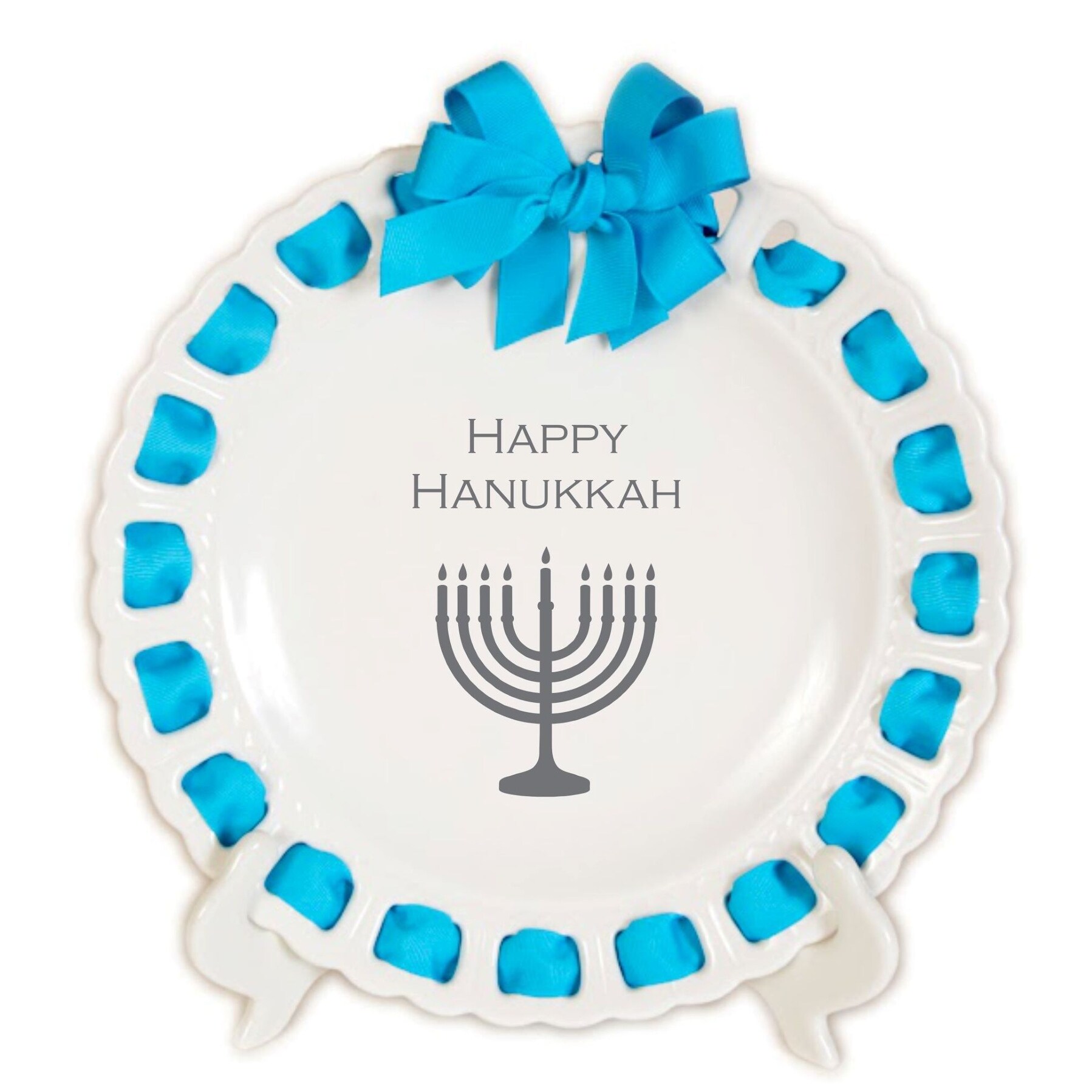 Shop 12 White Ceramic Plate With Blue Ribbon Woven Around The Edge With A Menorah And Happy Hanukkah Print On Sale Overstock 30027061
