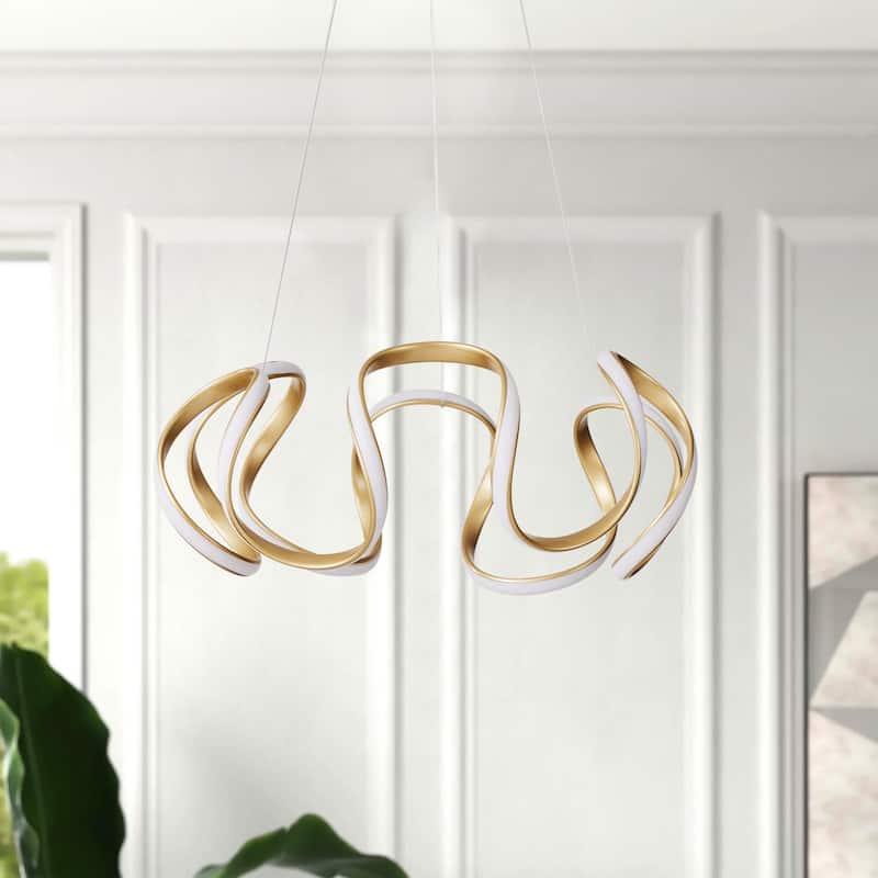 1-Light Wavy Linear Curve Adjustable LED Chandelier - 17.7"D×6.7"W×65.5"H(Adjustable) - Gold - 17.7"D×6.7"W×65.5"H(Adjustable)
