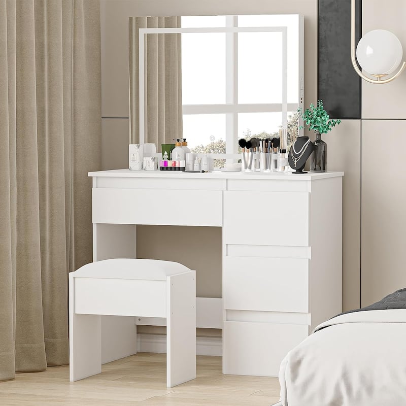 Vanity Desk with Touch Light Mirror - White