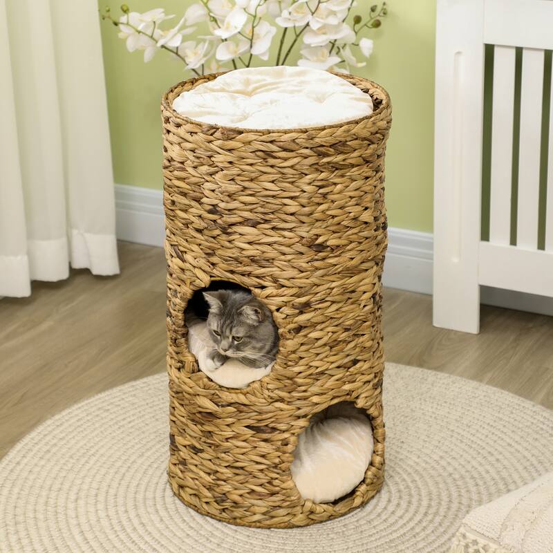 PawHut Elevated Cat Bed with Three Hideaways & Four Soft Plush Cushions, Cat Tower with Hand-Woven Materials