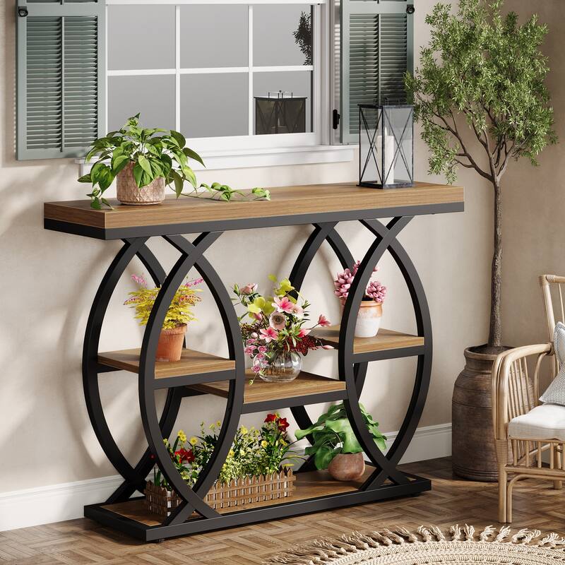 Industrial Console Table, 4-Tier Sofa Table with Geometric Metal Frame