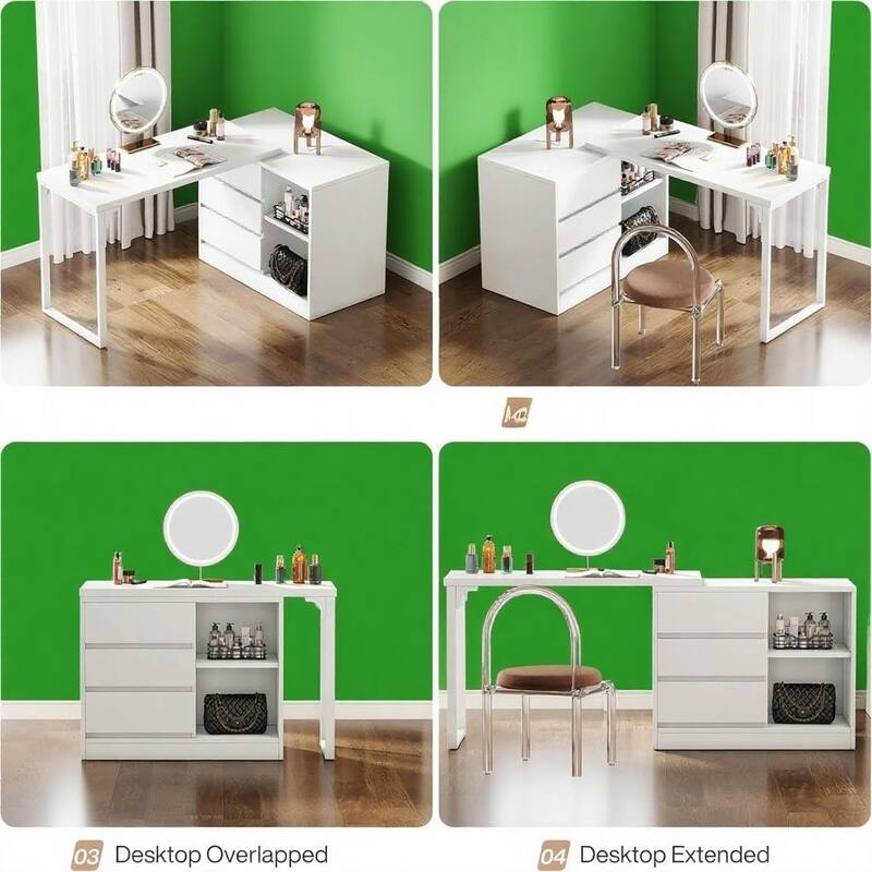 White L-Shaped Computer Desk with Storage Cabinet and 3 Drawers Shelves and Reversible Design - 39.37”L x 31.5”W x 30.50”H