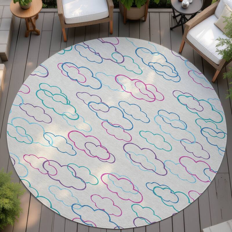 Machine Washable Indoor/ Outdoor Modern Clouds Chantille Rug - Ivory - 8' x 8'