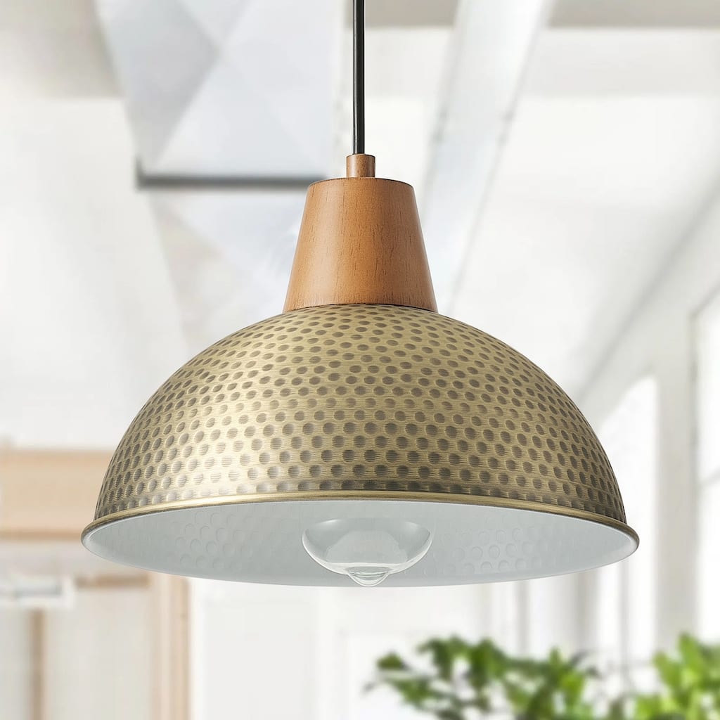 1-Light Gold Imitation Wood Polka Dot Pendant Lighting - 10.2"D×4.7"W×75.3"H(Adjustable)