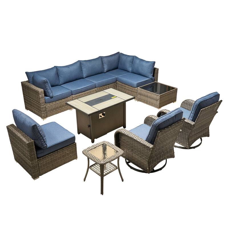 HOOOWOOO 11-piece Wicker Furniture Set Outdoor Sectional Sofa with Fire Pit