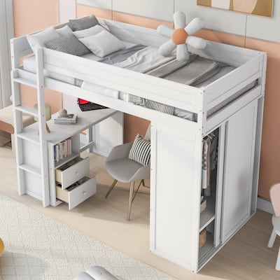 Wood Twin Size Loft Bed with Wardrobe, Desk, and Drawers, Space-Saving Design