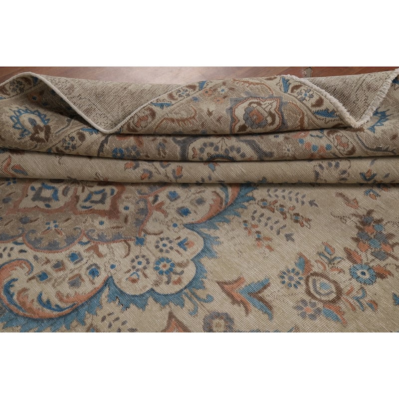 Hand Knotted Oriental 100% Wool Carpet Traditional Floral Beige & Ivories Tabriz Area Rug - 11' 0'' X 8' 2''