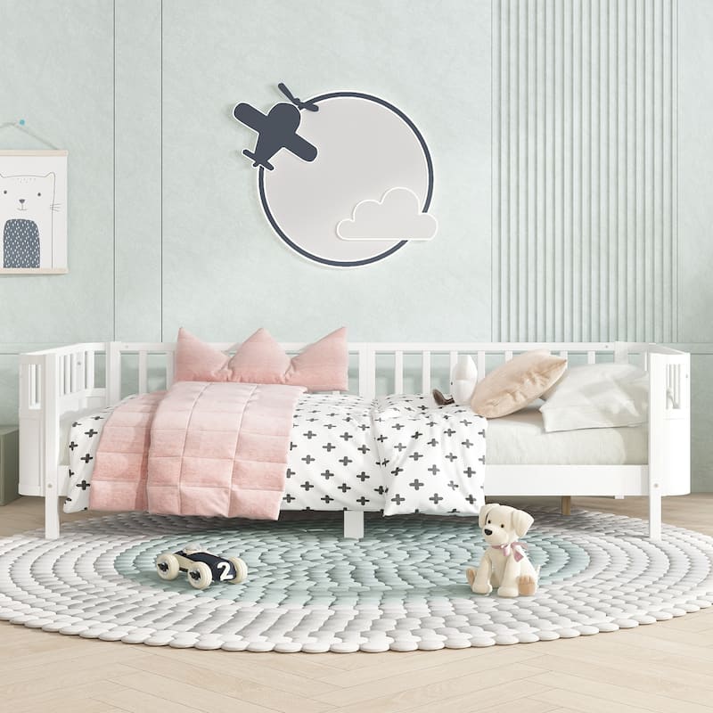 Multi Size Low Platform Bed for Kids with Rounded Corners Guardrails, Detachable Right-side Fence and Open Left-side Design