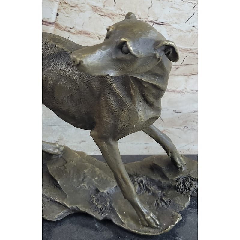 Greyhound Whippet Slender Dog Bronze Metal Sculpture Statue Figure On Marble Base