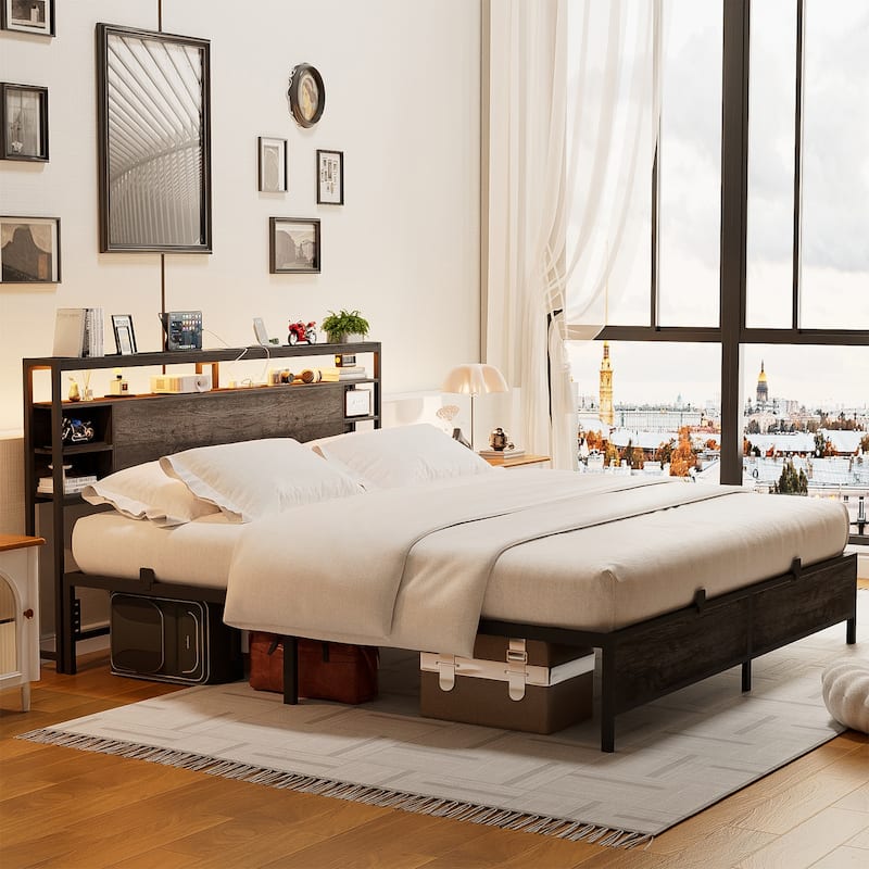Bed Frame with Charging Station and RGB LED Lights, Sturdy Platform Bed with Storage Headboard,