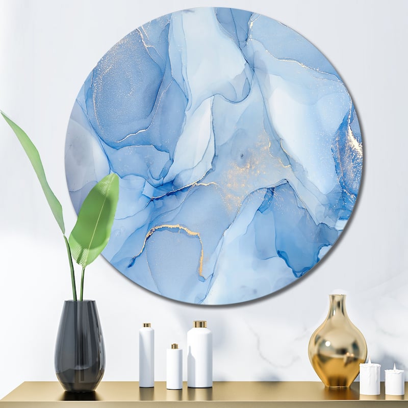 Designart 'Liquid Ink Art In Shades Of Light Blue I' Modern Metal Circle Wall Art