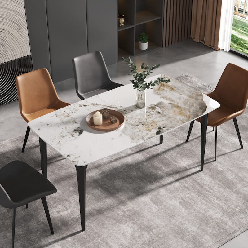 Modern Slate Dining Table, Pandora Pattern Design Sintered Stone Top and Metal Legs. - White&Black