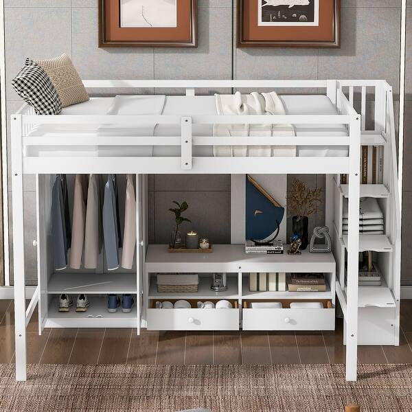slide 2 of 28, Full Size Loft Bed Frame with Wardrobe, Low Storage Table and Storage Staircase, Solid Wood Loft Bed Frame, No Box Spring Needed White