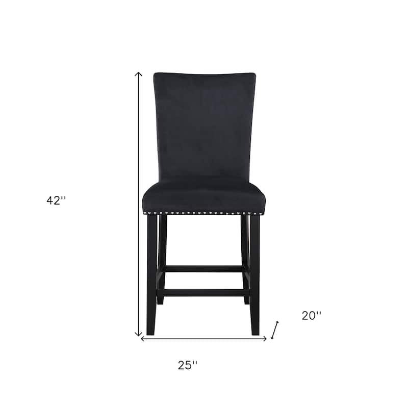 HomeRoots Set of Two 25" Black Wood and Velvet Counter Height Bar Chairs