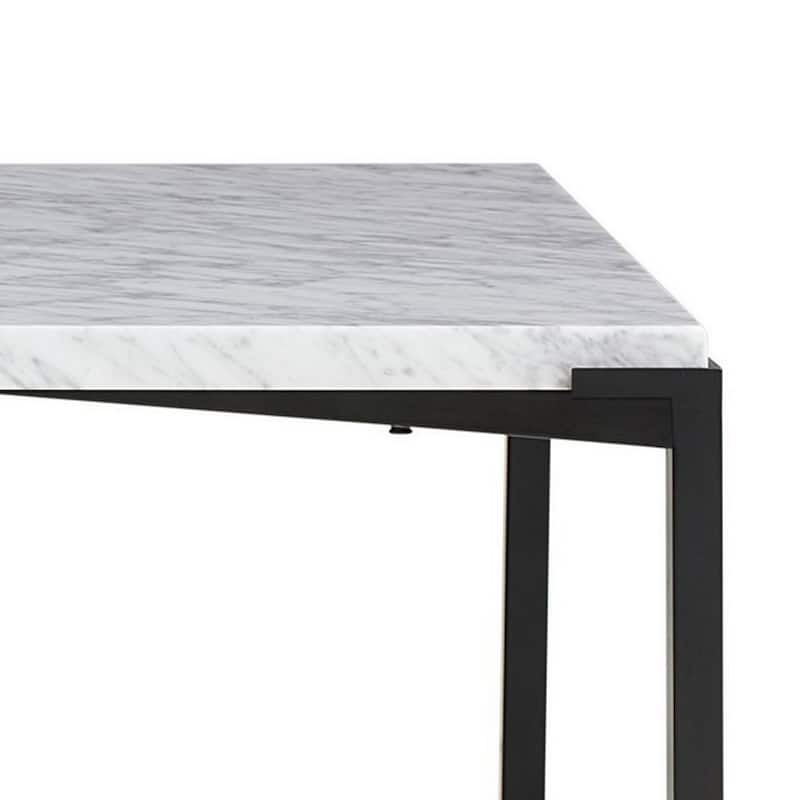 Agnew 48 Inch Coffee Table, White Marble Top, Tubular Black Steel Base