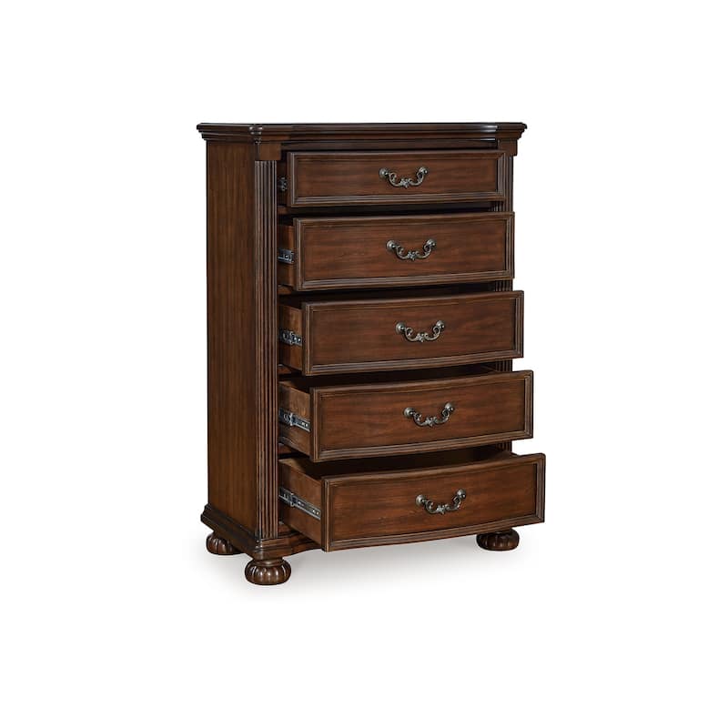 Laon Tall Dresser Chest, 5 Drawer Cherry Brown Solid Hardwood, 51 Inch