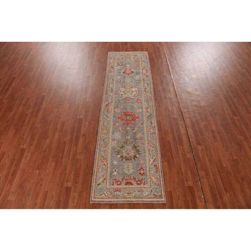 Hand Knotted Oriental 100% Wool Carpet Transitional All-Over Greys & Charcoal Oushak Runner Rug - 9' 8'' X 2' 8''