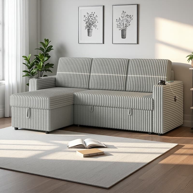 85" Corduroy 3-Seater Sleeper Sofa with Storage Chaise, USB Charging and Cup Holders - LIGHT GREY