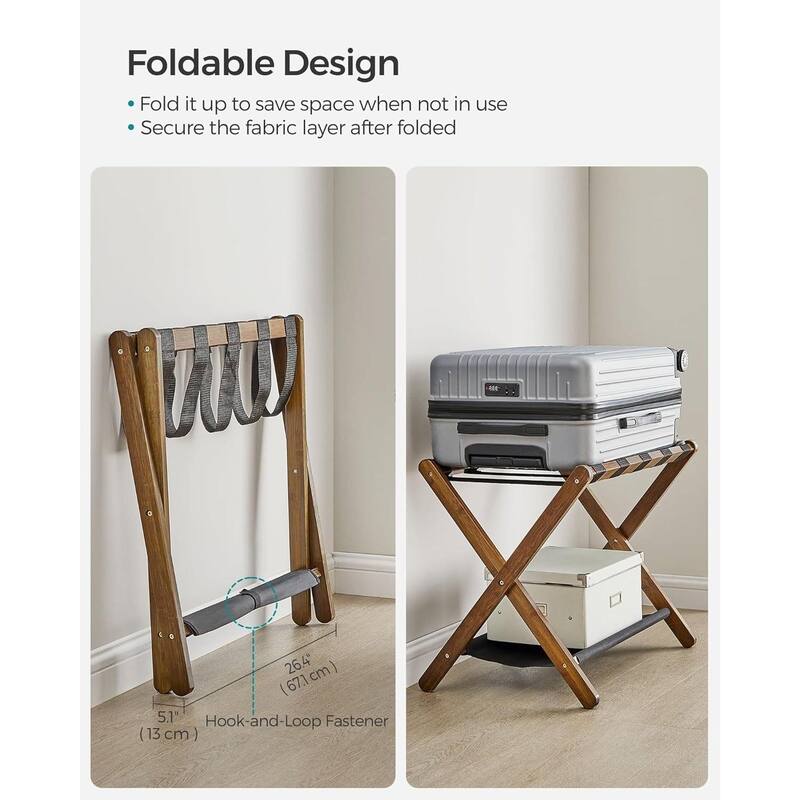 Wood Luggage Rack with Shelf Foldable Suitcase Stand with Nylon Straps for Guest Room or Hotel