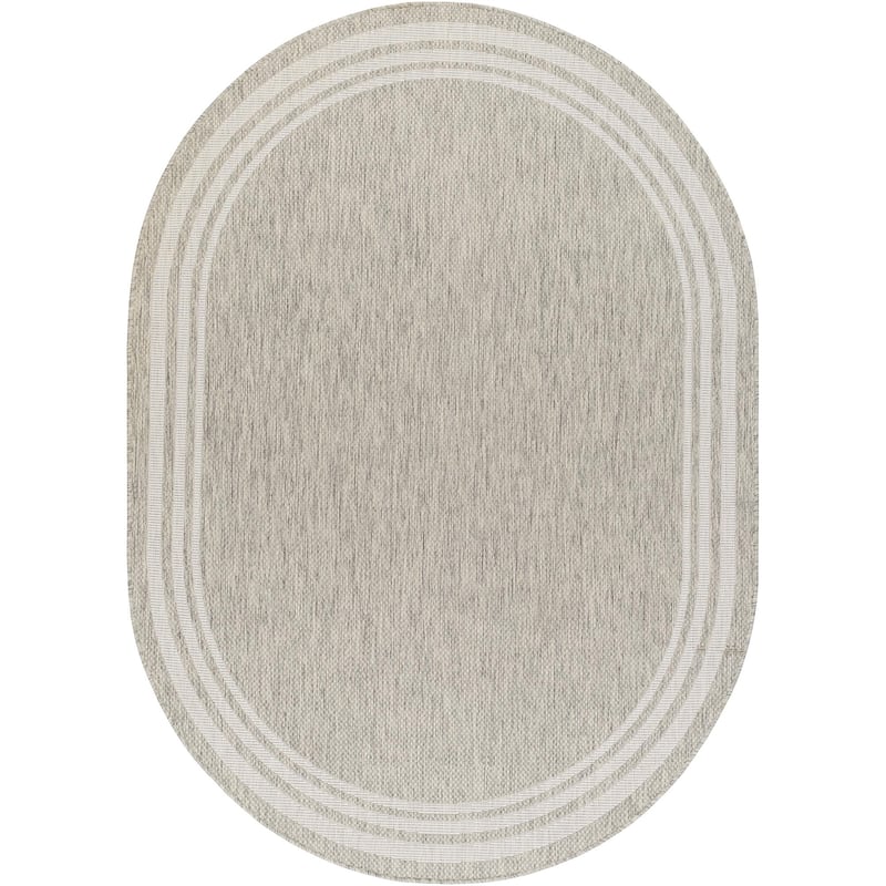 Livabliss Eagean Updated Traditional Stripe Indoor / OutdoorArea Rug - 6'7" x 9' Oval - Beige/Grey
