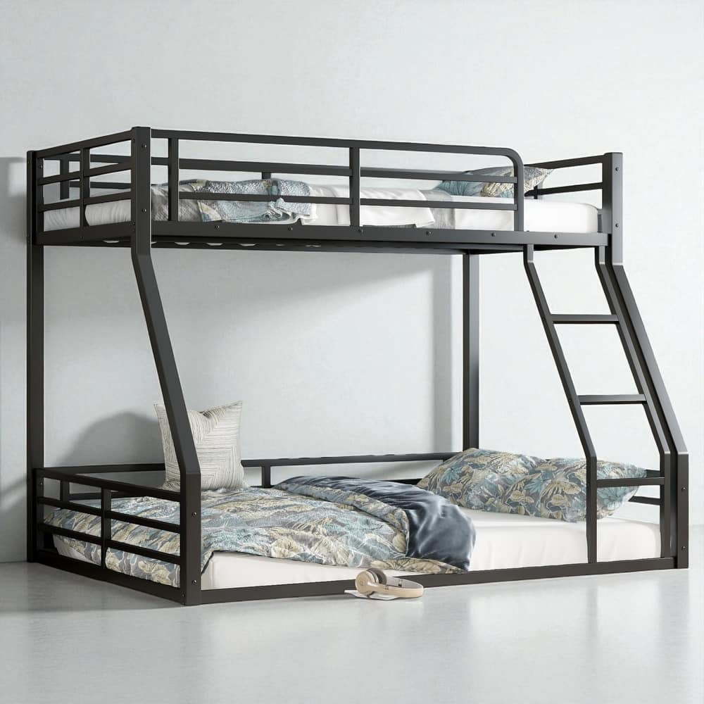 Metal Bunk Bed Twin XL/Full XL/Queen Over Queen, Heavy-Duty Low Bunk Frame with Guardrails and Quiet Design